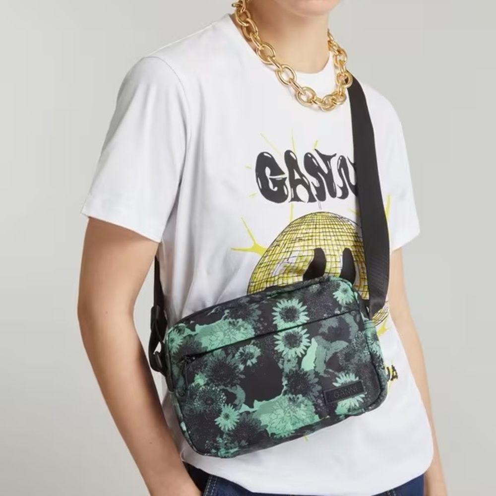 Ganni Black and Mint Floral Crossbody Bag